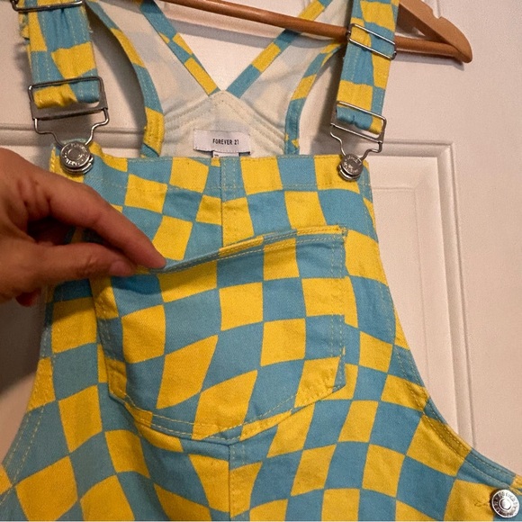 F21 Psychedelic Denim Overalls Romper Mini Dress Carolina Blue & Yellow | Small - Picture 5 of 11
